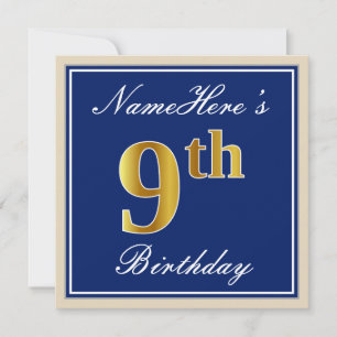 Elegant, Blue, Faux Gold 9th Birthday; Custom Name Invitation