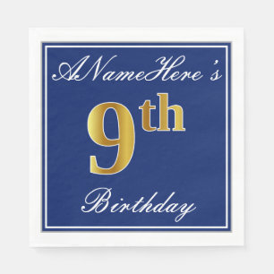 Elegant Blue, Faux Gold 9th Birthday + Custom Name Napkin