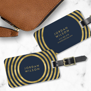 Elegant Blue & Faux Gold Circles Geometric Lines Luggage Tag