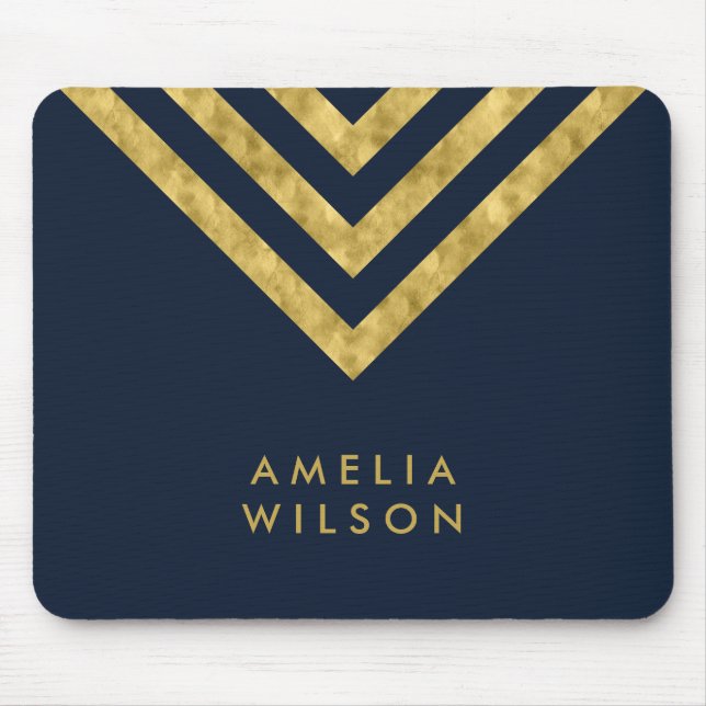 Elegant Blue Faux Gold Name Chevron Geometric Mouse Pad (Front)