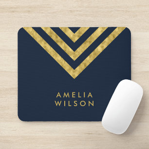 Elegant Blue Faux Gold Name Chevron Geometric Mouse Pad