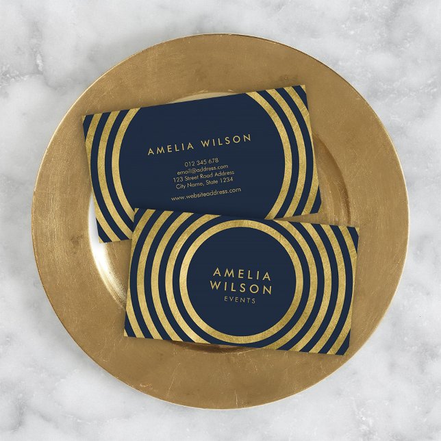 Elegant Blue Faux Gold Round Lines Geometric Event Business Card (Creator Uploaded)