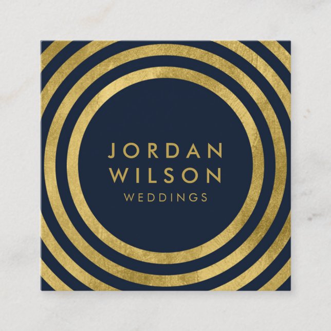 Elegant Blue Faux Gold Round Lines Geometric Square Business Card (Front)