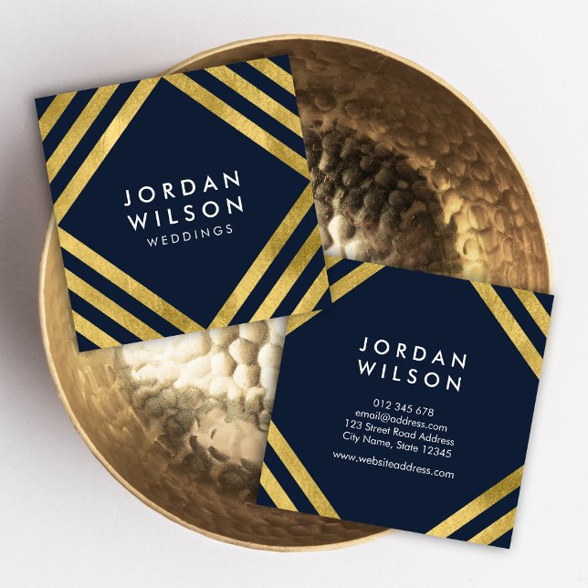 Elegant Blue Faux Gold Square Lines Geometric Square Business Card (Creator Uploaded)