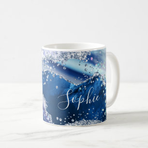 Elegant Blue Faux Holo Glitter Agate Coffee Mug