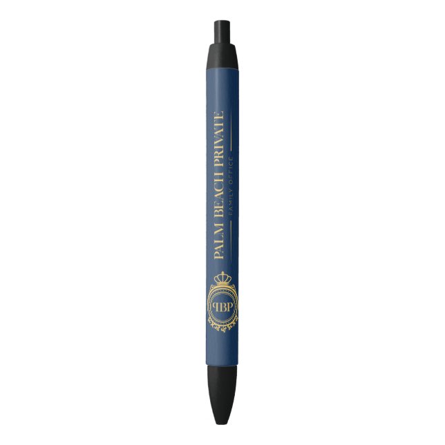 Elegant Blue Faux Leather Custom Logo Black Ink Pen (Front Vertical)