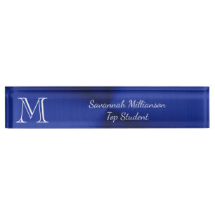 Elegant Blue Faux Metal Monogram Student Nameplate