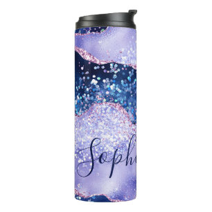 Elegant Blue & Faux Rose Gold Glitter Agate Thermal Tumbler