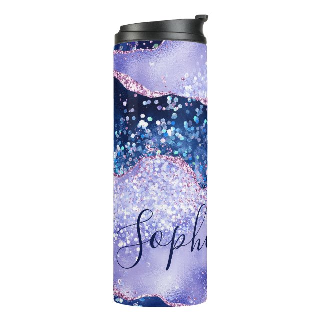 Elegant Blue & Faux Rose Gold Glitter Agate Thermal Tumbler (Rotated Left)