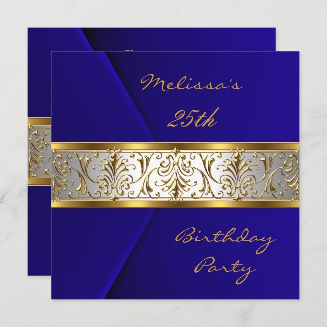 Elegant Blue faux Velvet gold Trim 25th Invitation (Front/Back)