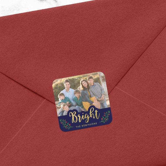 Elegant Blue Festive Foliage Bright Holiday Photo Square Sticker (Creator Uploaded)