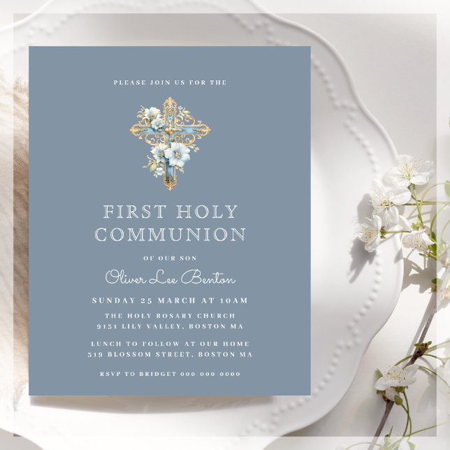 Elegant Blue First Communion Budget Invitation (Creator Uploaded)