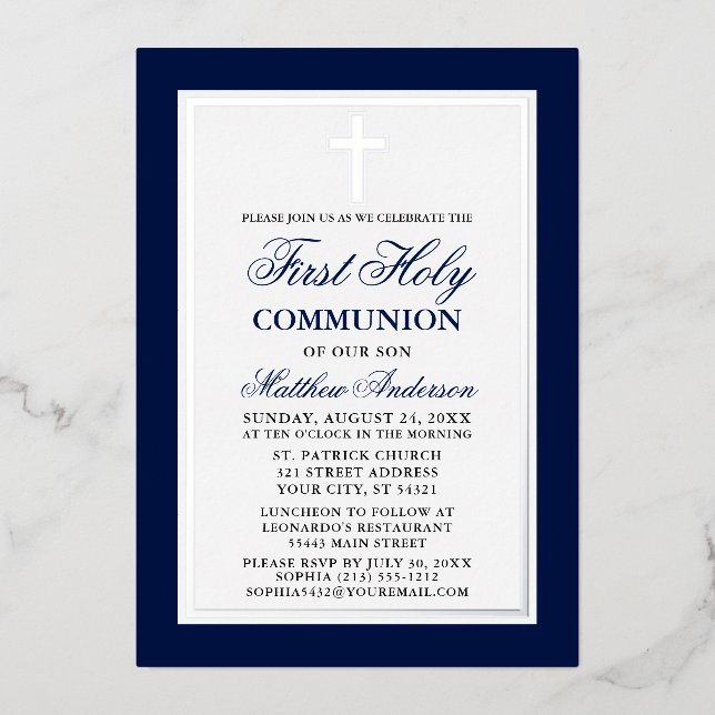 Elegant Blue First Holy Communion Cross Silver (Front)