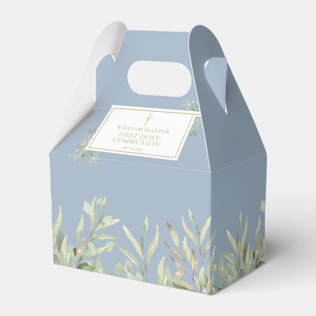 Elegant Blue First Holy Communion Greenery Favour  Box (Front Side)
