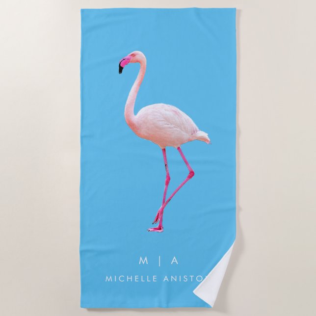 Elegant  Blue Flamingo | Monogram Custom Dry  Beach Towel (Front)