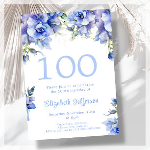 Elegant Blue Floral 100th Birthday Invitation