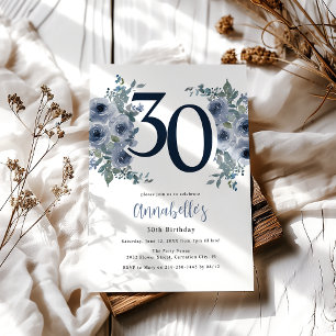 Elegant Blue Floral 30th Birthday Invitation