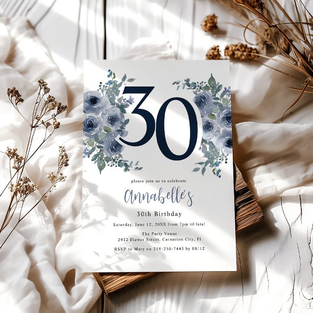 Elegant Blue Floral 30th Birthday Invitation (Creator Uploaded)