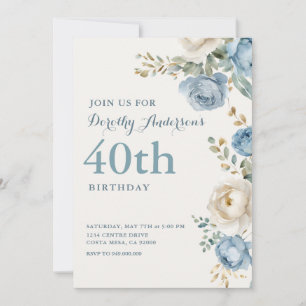 Elegant Blue Floral 40th BIrthday Party Invitation