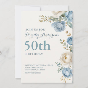 Elegant Blue Floral 50th BIrthday Party Invitation