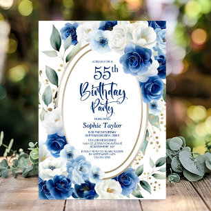 Elegant Blue Floral 55th Birthday Party Invitation