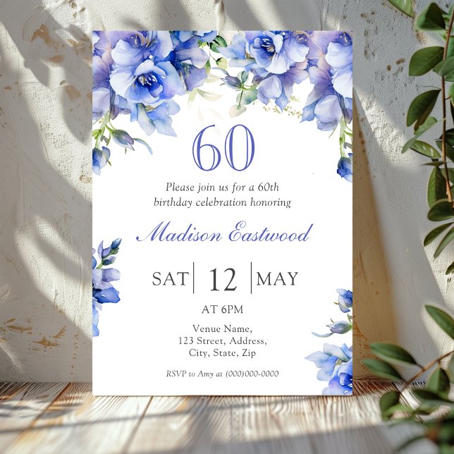 Elegant Blue Floral 60th Birthday Invitation (Creator Uploaded)