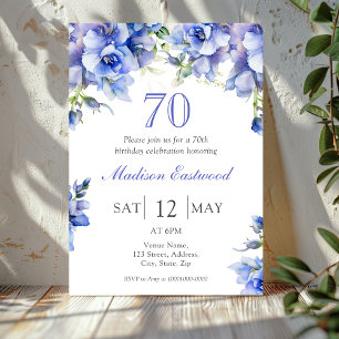 Elegant Blue Floral 70th Birthday Invitation