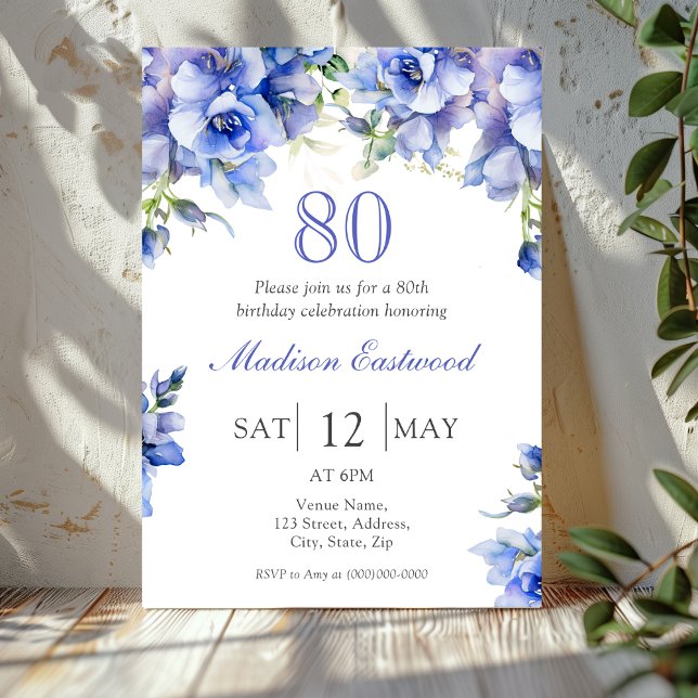 Elegant Blue Floral 80th Birthday Invitation (Creator Uploaded)