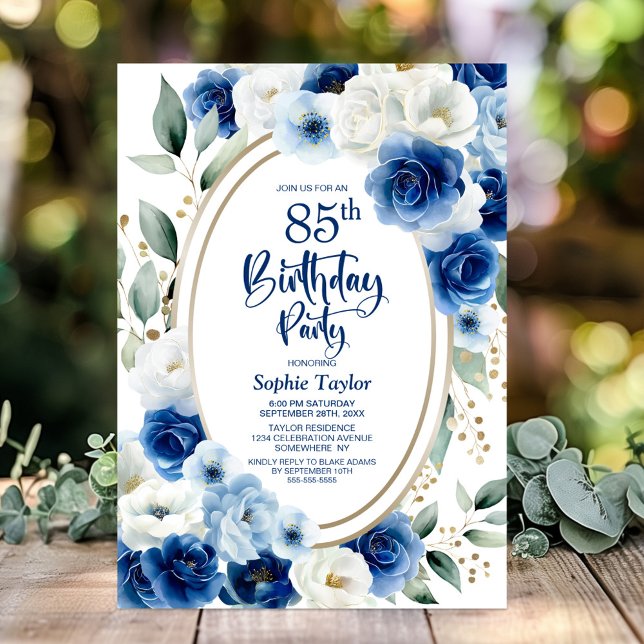 Elegant Blue Floral 85th Birthday Party Invitation (Creator Uploaded)