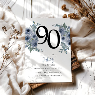 Elegant Blue Floral 90th Birthday Invitation