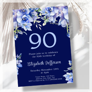 Elegant Blue Floral 90th Birthday Invitation