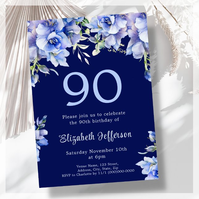 Elegant Blue Floral 90th Birthday Invitation (Creator Uploaded)