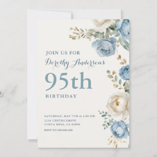 Elegant Blue Floral 95th BIrthday Party Invitation