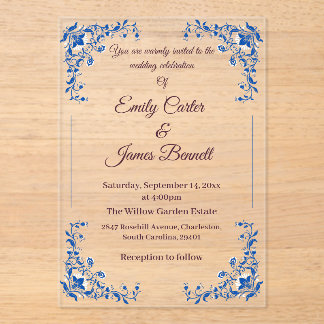 Elegant Blue Floral Acrylic Wedding Invitation 