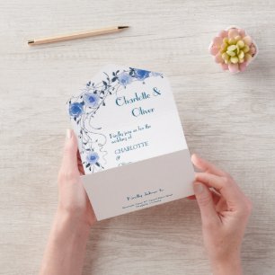 Elegant Blue Floral All-In-One Wedding Invitations