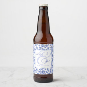 Elegant Blue Floral Ampersand Wedding Beer Bottle Label