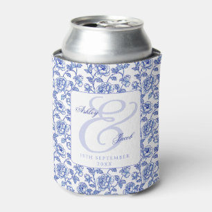 Elegant Blue Floral Ampersand Wedding Can Cooler