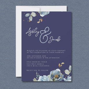 Elegant Blue Floral Ampersand Wedding Invitation