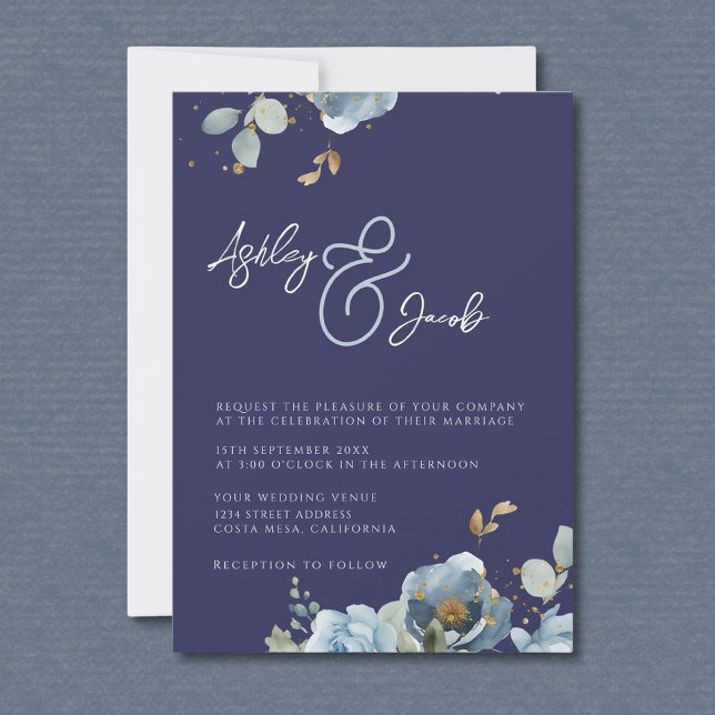 Elegant Blue Floral Ampersand Wedding Invitation (Creator Uploaded)
