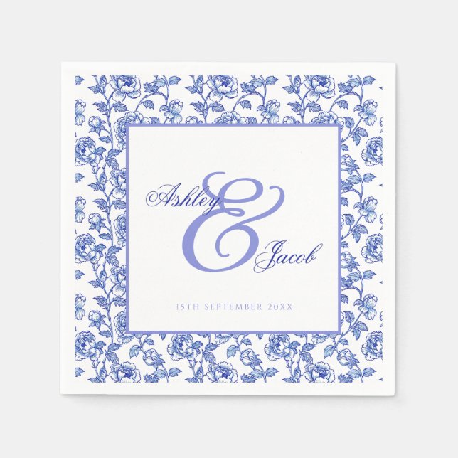 Elegant Blue Floral Ampersand Wedding Invitation Napkin (Front)