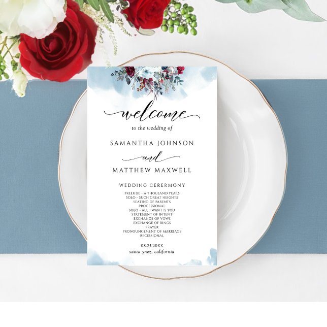 Elegant Blue Floral and Burgundy Wedding Program (Creator Uploaded)