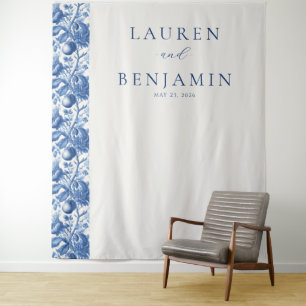 Elegant Blue Floral and Fruit Motive Tapestry
