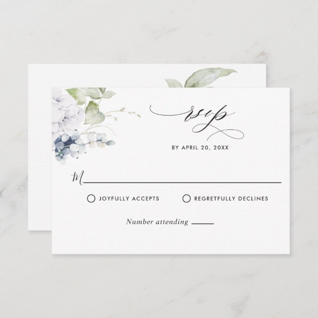 Elegant Blue Floral and Greenery Wedding RSVP Card (Front/Back)
