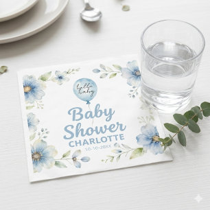 Elegant Blue Floral Baby Shower Napkin with Balloo