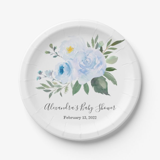 Elegant Blue Floral Baby Shower Plate (Front)