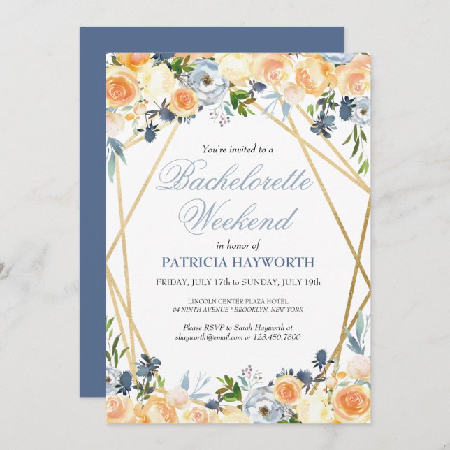 Elegant Blue Floral Bachelorette Weekend Itinerary Invitation (Front/Back)