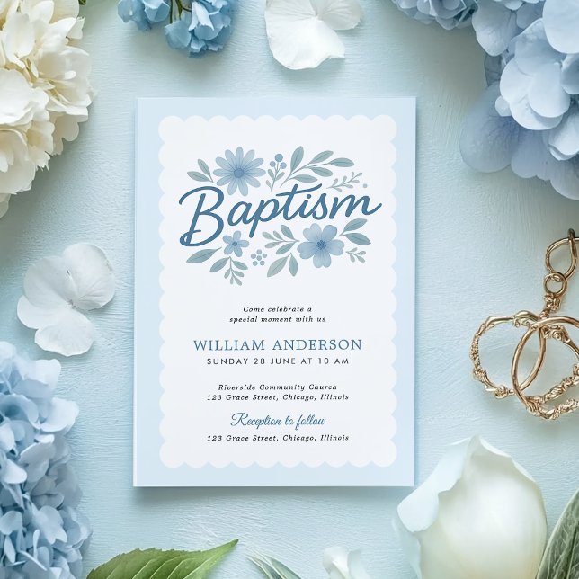 Elegant Blue Floral Baptism Invitation (Scalloped edge baptism card with blue florals – hand holding with ribbon and envelope)
