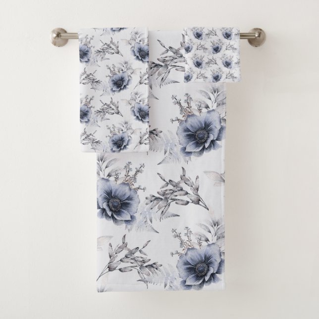 Elegant Blue Floral Bath Towel Set (Insitu)