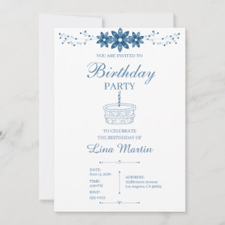 Elegant Blue Floral Birthday Invitation