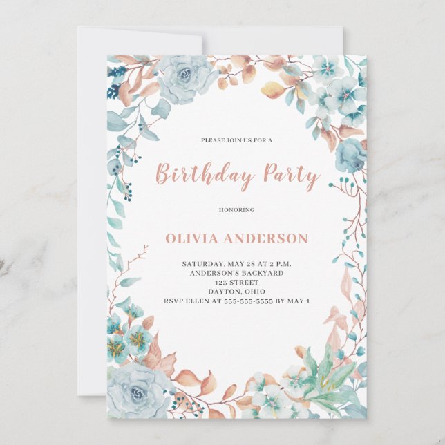 Elegant Blue Floral Birthday Invitation (Front)